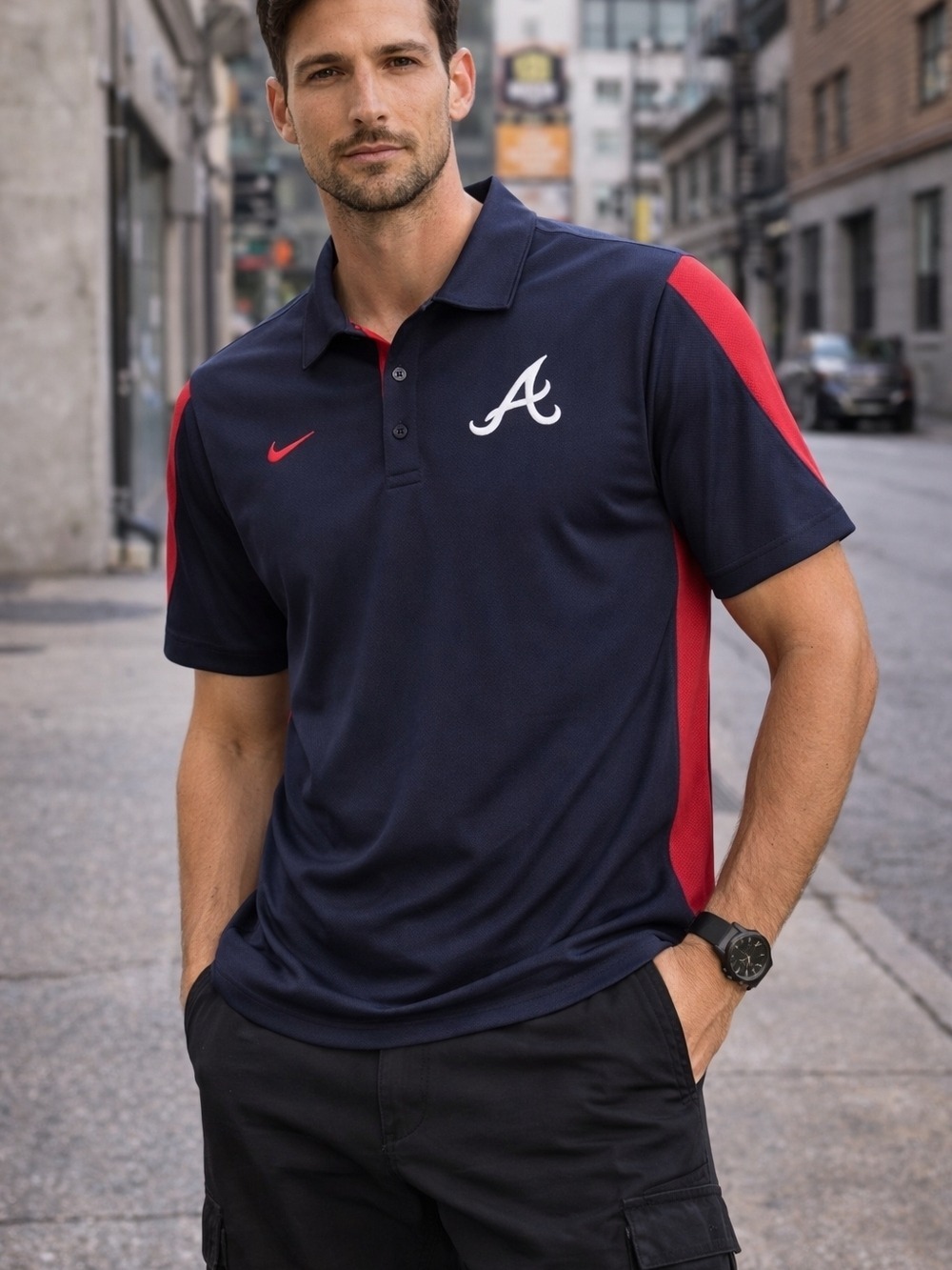 Nike Men's Atlanta Braves Polo L Navy Red Dri-Fit MLB Athletic Golf
